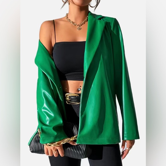 Solid Green V Neck Lapel Long Sleeve Button Blazer Jacket - Picture 2 of 5